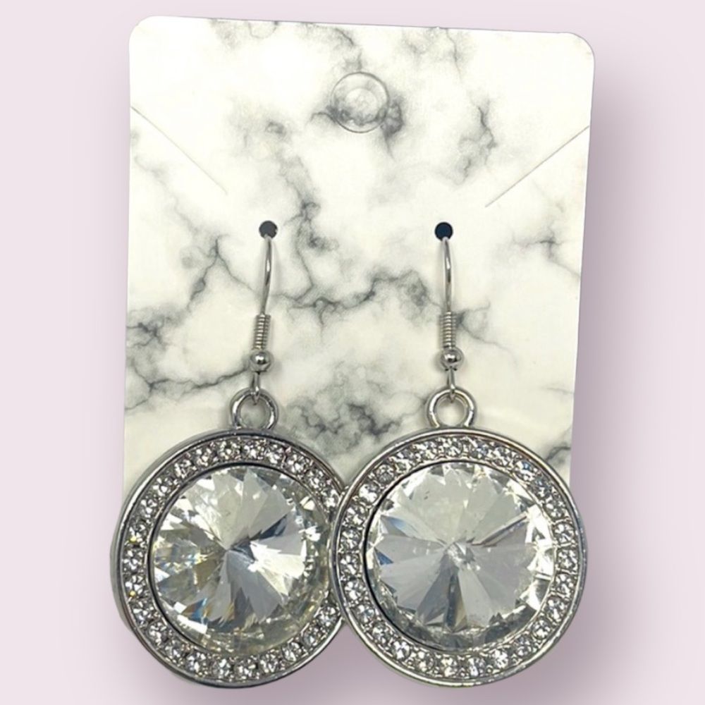White Crystal Gem Silver Drop Earrings